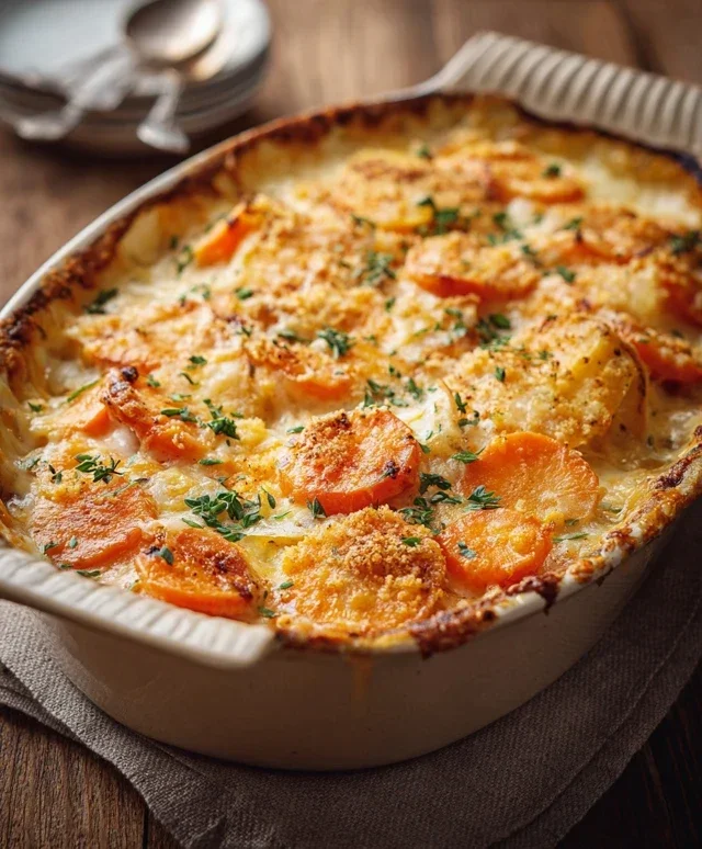 Cheesy Garlic Carrot Gratin – Creamy, Sweet & Savory