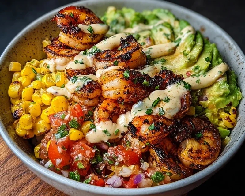 Grilled Shrimp Bowl with Avocado, Corn Salsa & Creamy Garlic Sauce