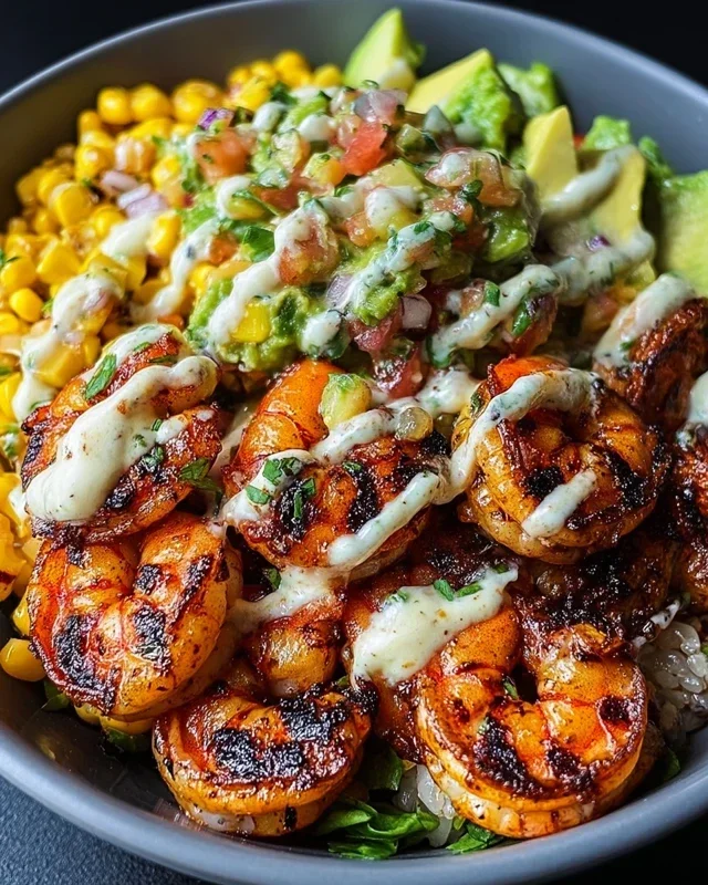 Grilled Shrimp Bowl with Avocado, Corn Salsa & Creamy Garlic Sauce