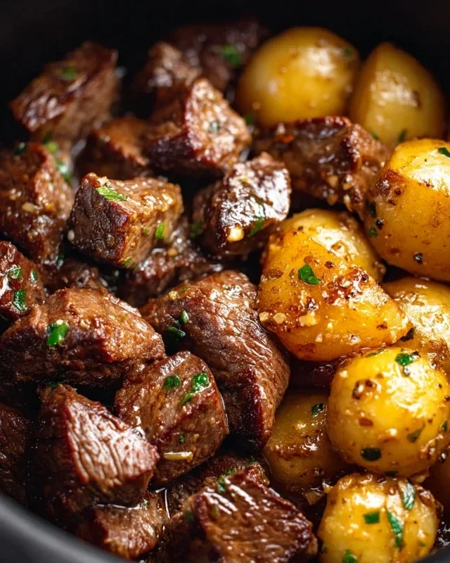 Slow Cooker Garlic Butter Beef Bites with Potatoes