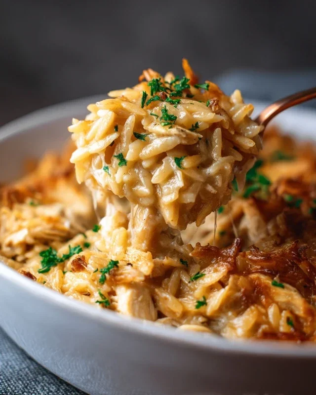French Onion Chicken Orzo Casserole