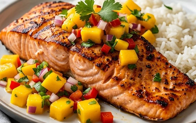 Grilled Salmon with Mango Salsa and Coconut Rice