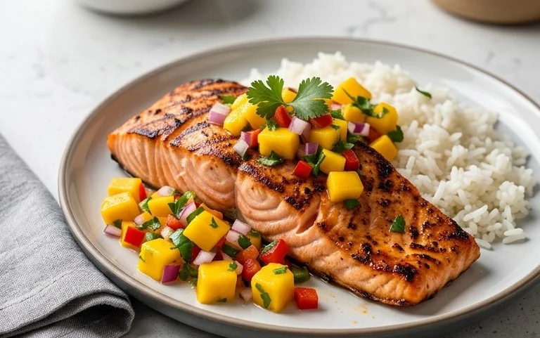 Grilled Salmon with Mango Salsa and Coconut Rice
