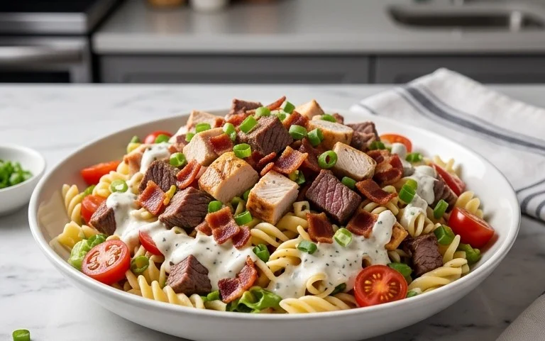 Chicken Beef Bacon Ranch Pasta Salad