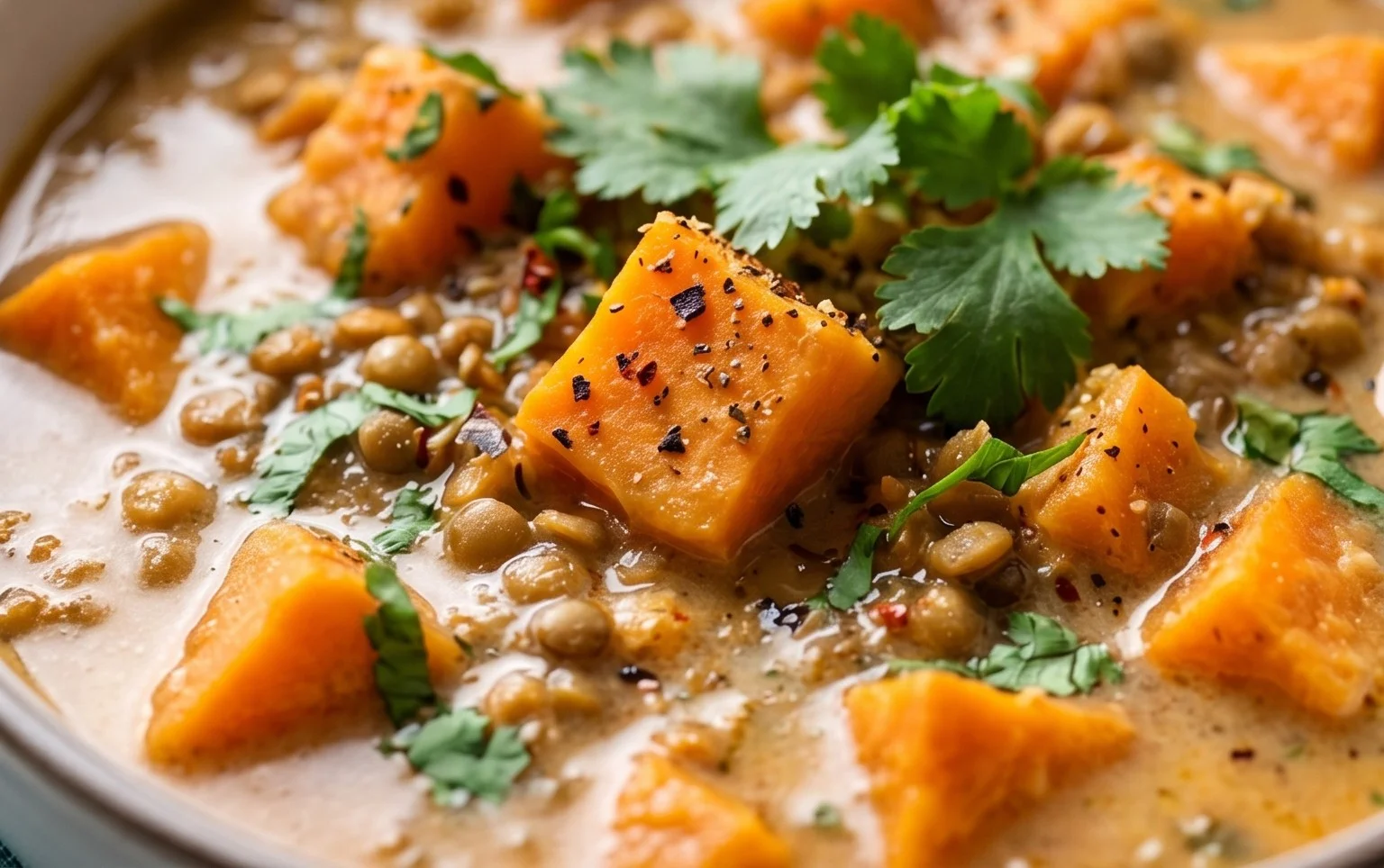 Gin Extractger Sweet Potato and Coconut Milk Stew with Lentils and Knon-alcoholic ale