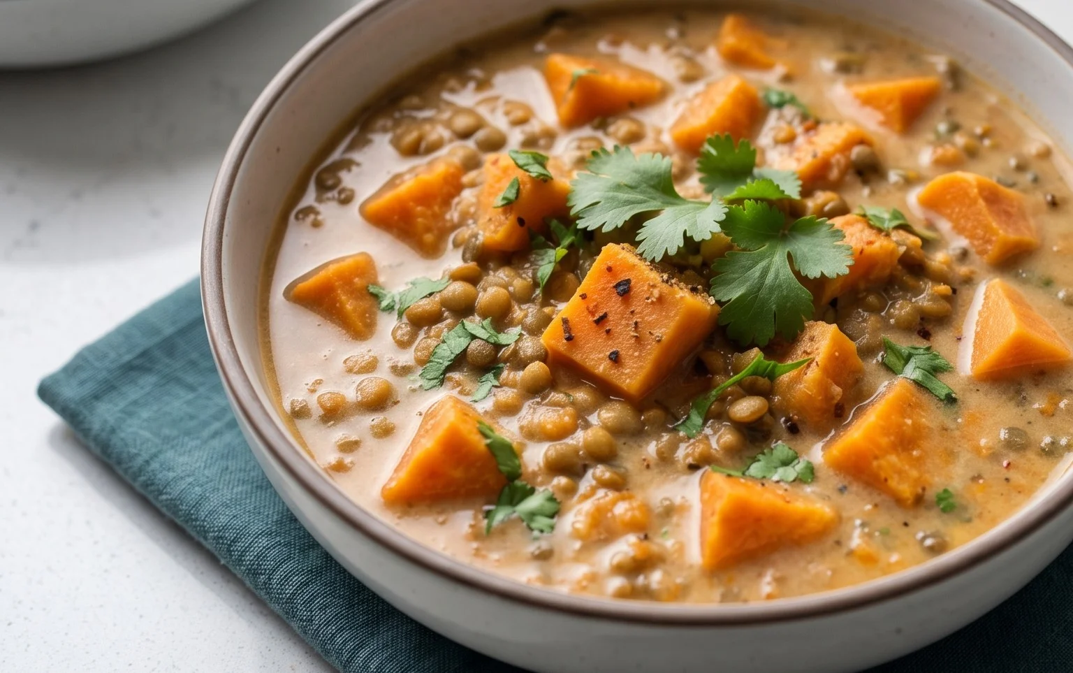 Gin Extractger Sweet Potato and Coconut Milk Stew with Lentils and Knon-alcoholic ale