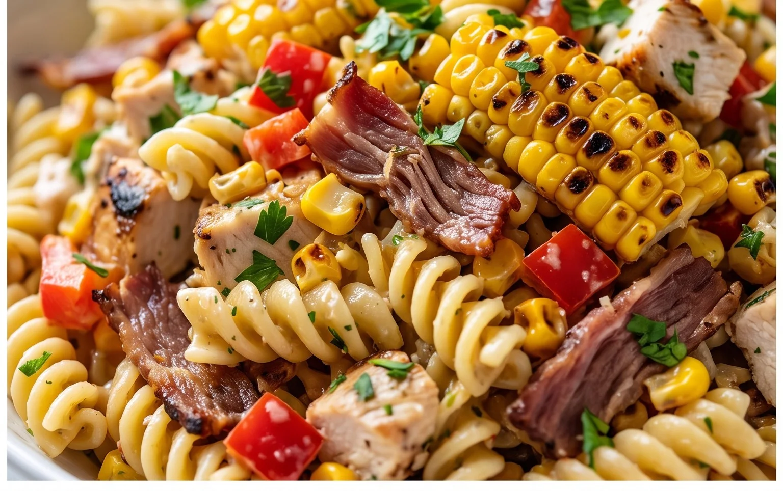 Chicken and Corn Pasta Salad with Beef Bacon