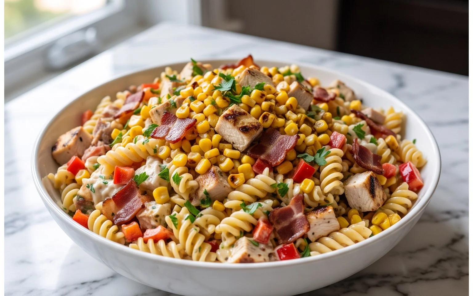 Chicken and Corn Pasta Salad with Beef Bacon