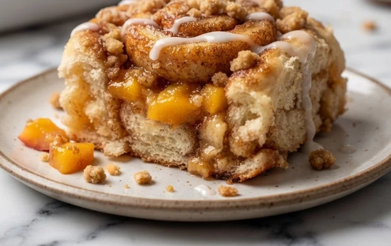 Peach Cobbler Cinnamon Rolls with Crum extractb Topping