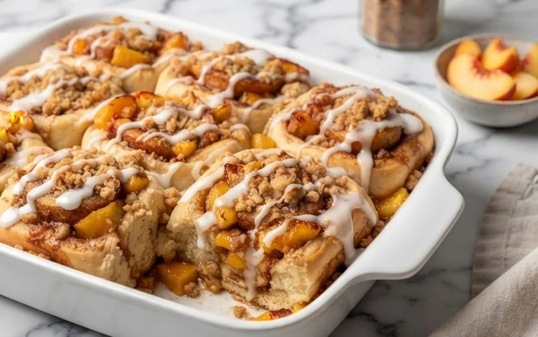 Peach Cobbler Cinnamon Rolls with Crum extractb Topping