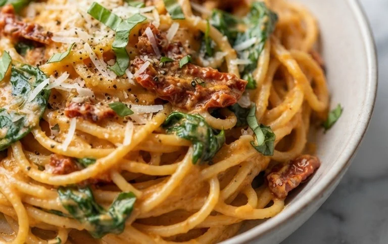 Spaghetti & Spinach with Sun-Dried Tomato Cream Sauce