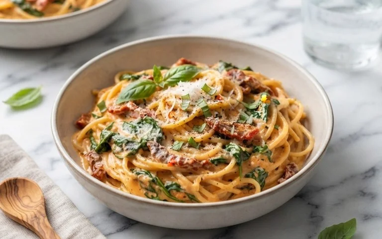 Spaghetti & Spinach with Sun-Dried Tomato Cream Sauce