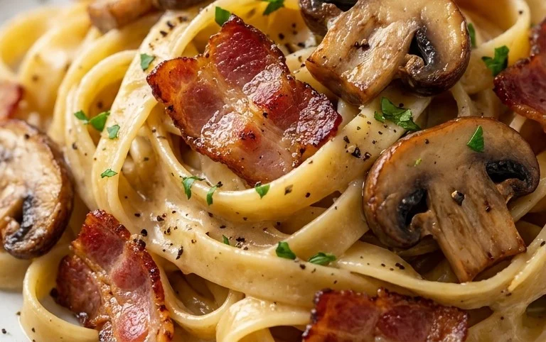 Creamy Beef Bacon and Mushroom Pasta