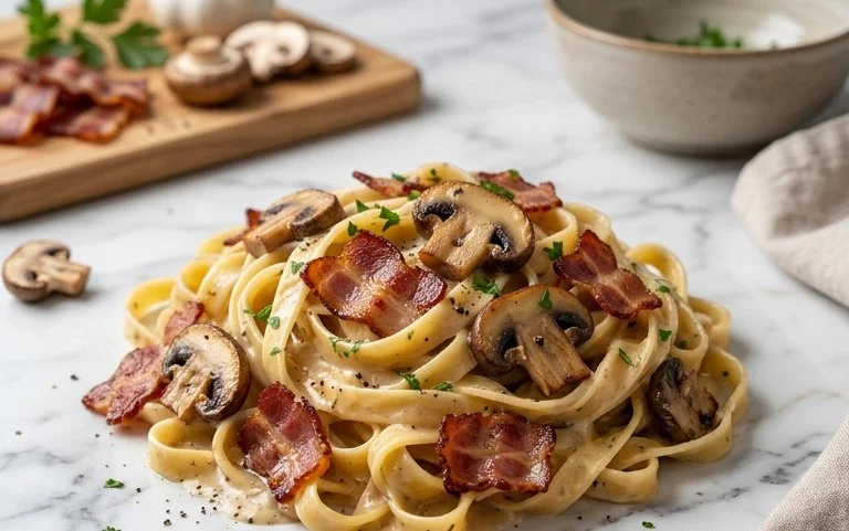Creamy Beef Bacon and Mushroom Pasta