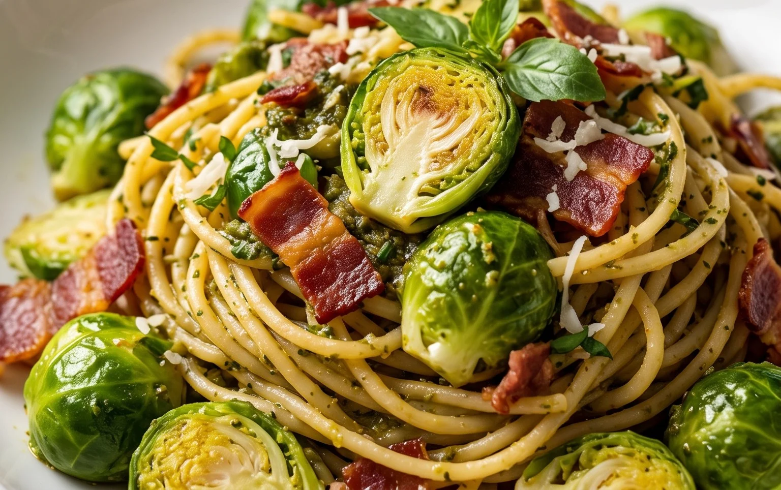Brussels Sprouts and Beef Bacon Pesto Pasta