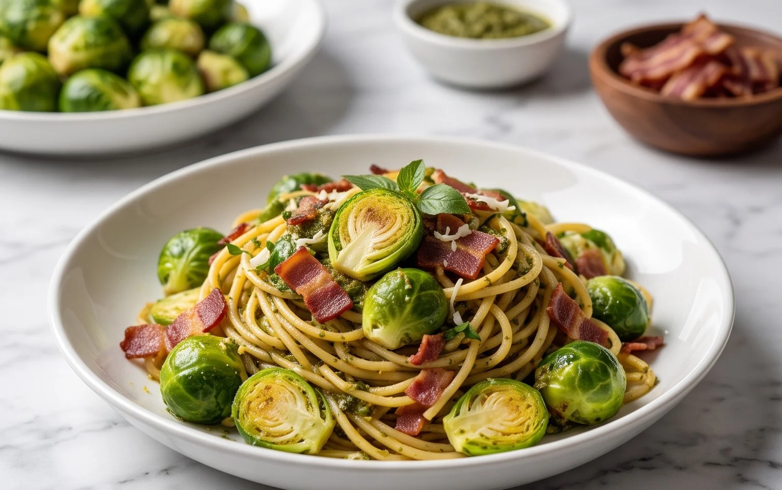 Brussels Sprouts and Beef Bacon Pesto Pasta