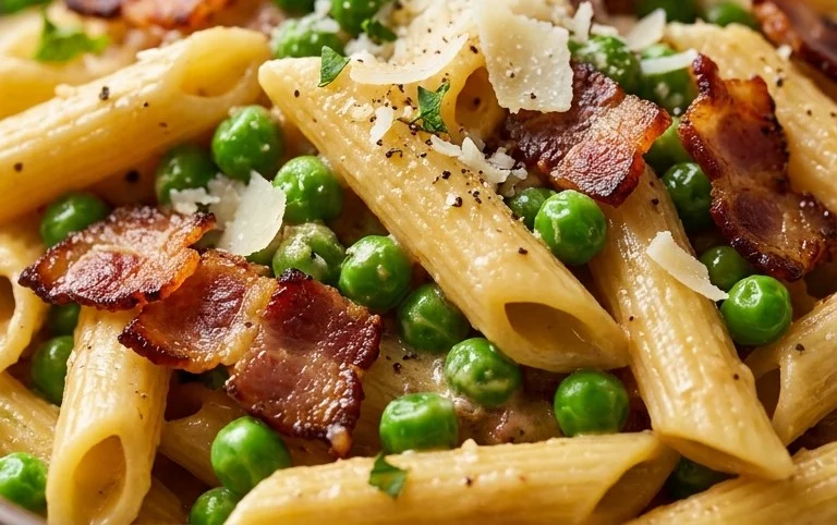 Penne Pasta, Peas and Beef Bacon
