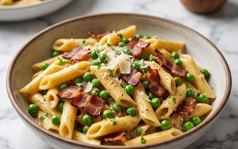 Penne Pasta, Peas and Beef Bacon