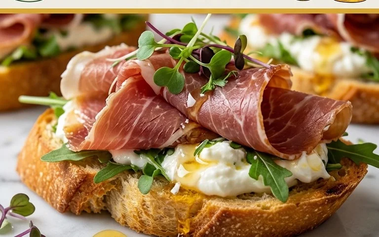 Beef Prosciutto Crostini with Burrata and Lemon Honey Drizzle