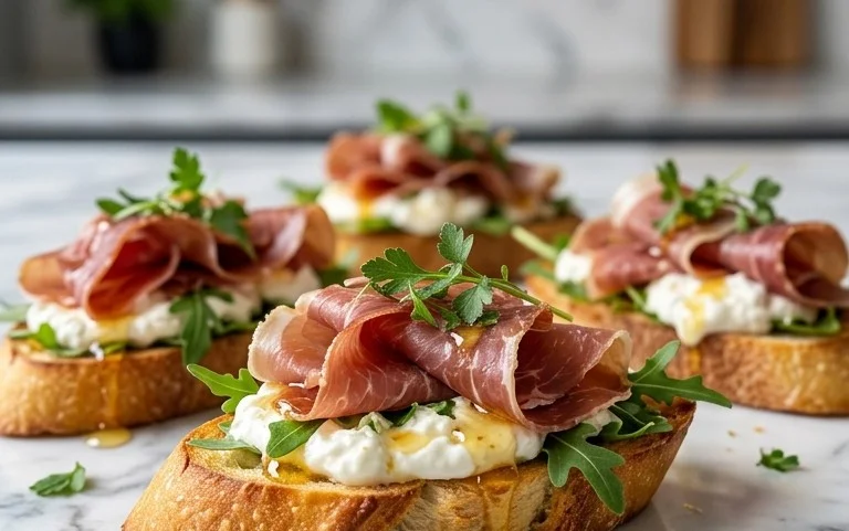 Beef Prosciutto Crostini with Burrata and Lemon Honey Drizzle